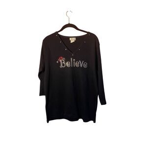 Distinct Women’s Believe Christmas Rhinestone Bling Black T Shirt Size Large